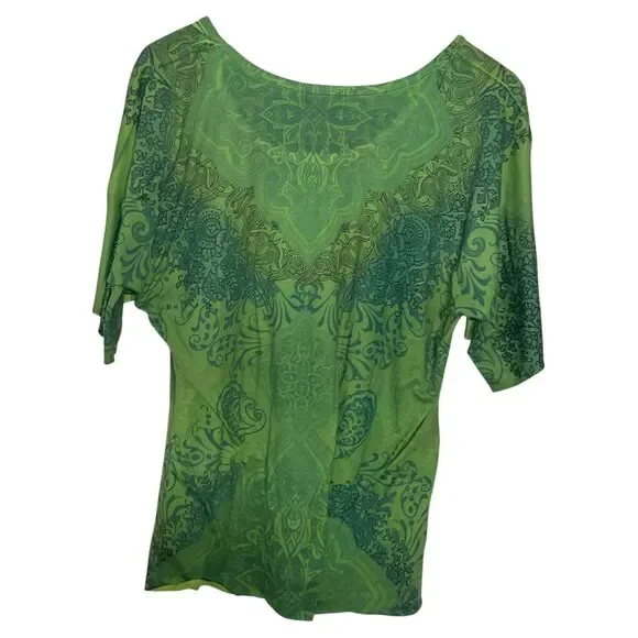 Jane Ashley Green Patterned Butterfly Rhinestone Top Y2K Boho Size XL - Picture 2 of 4